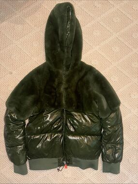Save the Duck Dark Green Hooded Puffer Jacket with Faux Fur Yoke